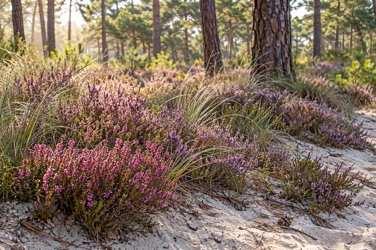 Bruyère cendrée et callune en fleurs avec des touffes de graminées sur le sable d’une lisière de pins