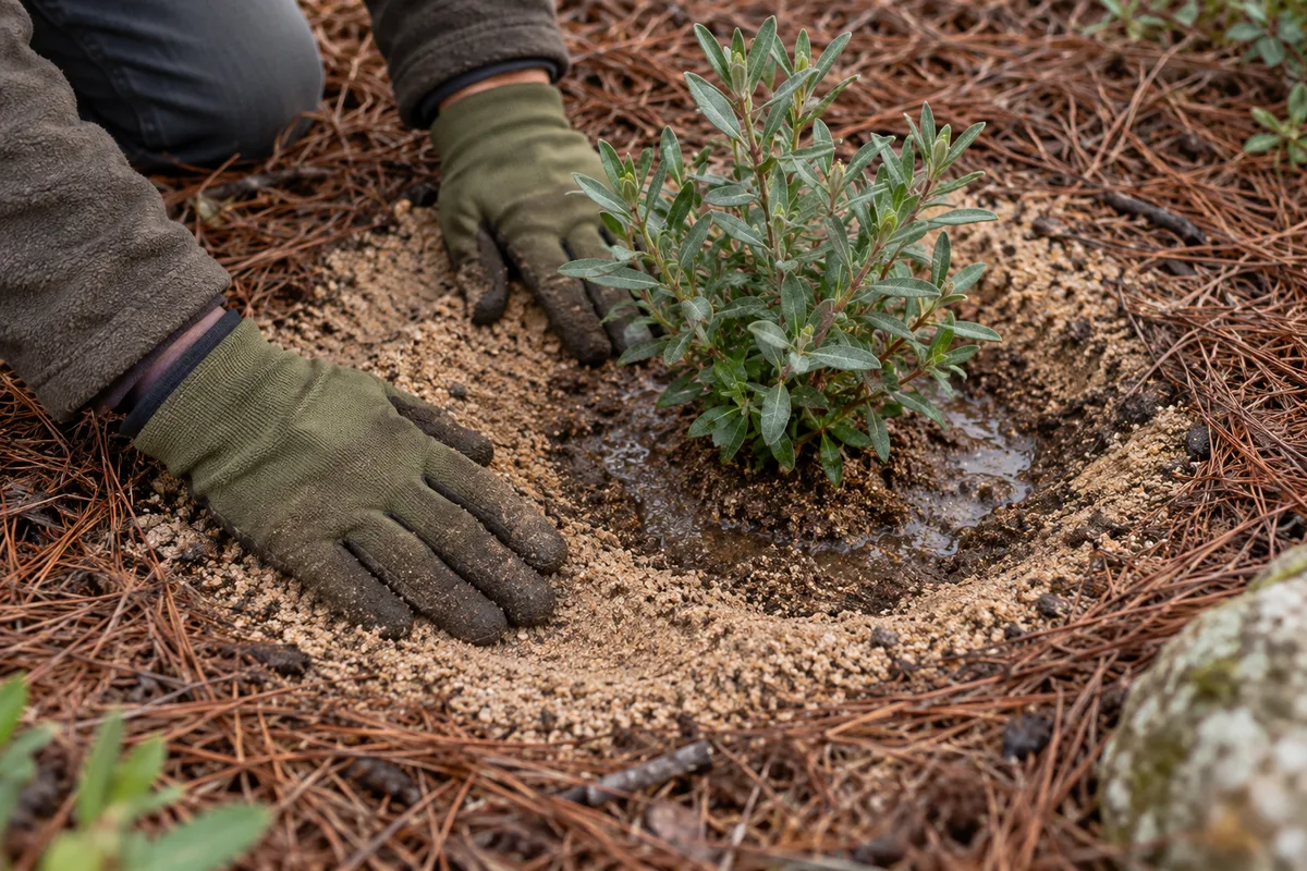Mains gantées tassant le sable autour d’un jeune ciste planté à l’automne, paillé d’aiguilles de pin