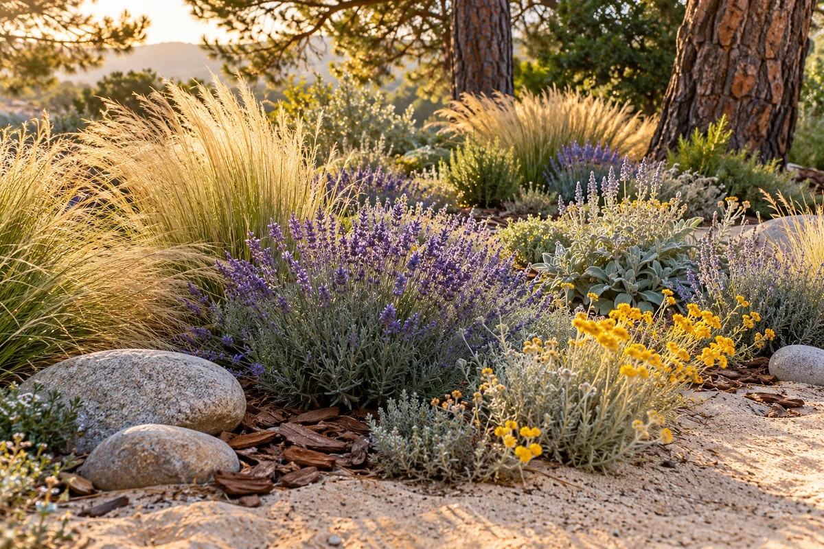 Jardin sec sur sable : vivaces et graminées sous les pins