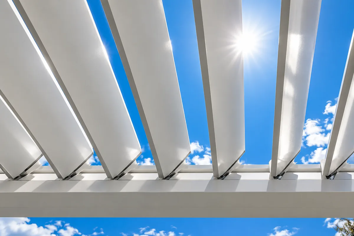 Lames orientables d&rsquo;une pergola en aluminium vues par en dessous, entrouvertes sur un ciel d&rsquo;été