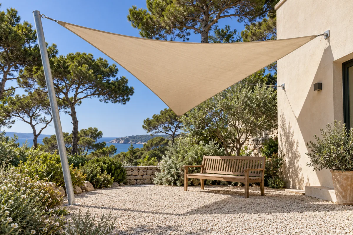 Voile d&rsquo;ombrage triangulaire tendue entre un mât incliné et une façade, au-dessus d&rsquo;un coin de jardin sableux