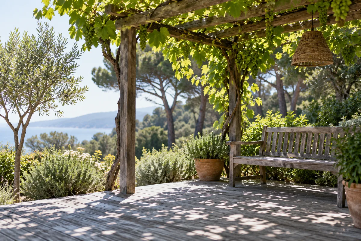 Tonnelle couverte de vigne projetant une ombre tachetée sur une terrasse en bois