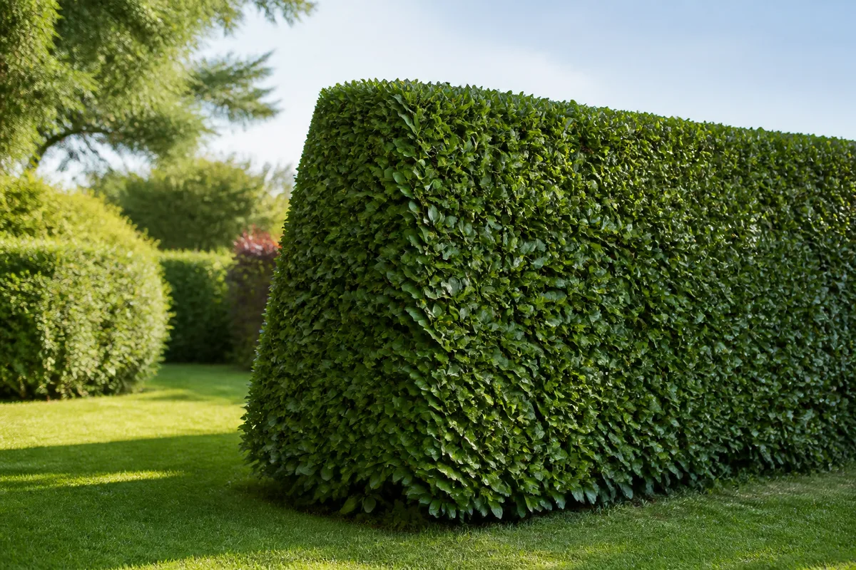 Haie de laurier vue de profil montrant une base plus large que le sommet