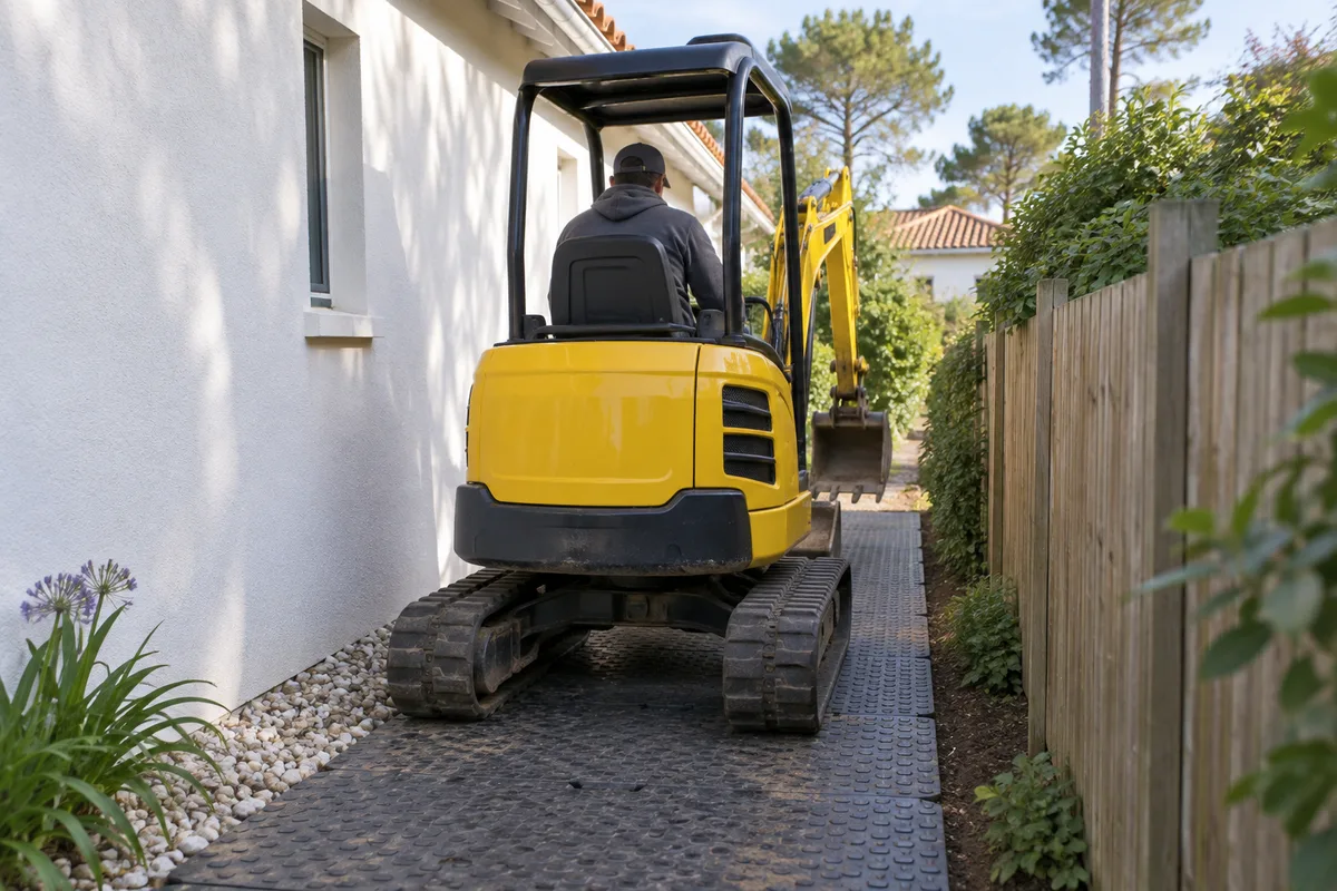 Mini-pelle compacte passant entre une maison et une clôture en bois