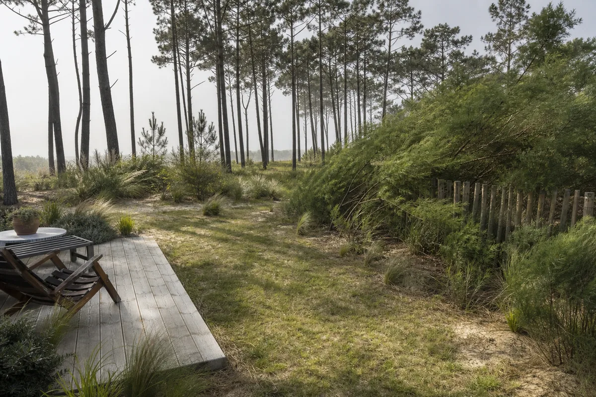 Jardin landais en lisière de pins maritimes avec terrasse en bois grisé et graminées couchées par le vent