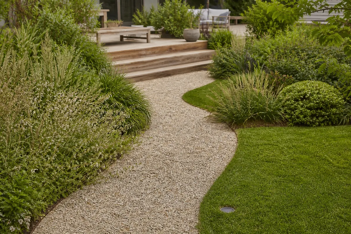Allée de jardin en gravier stabilisé bordée de graminées, terrasse en bois de pin grisé à l’arrière-plan