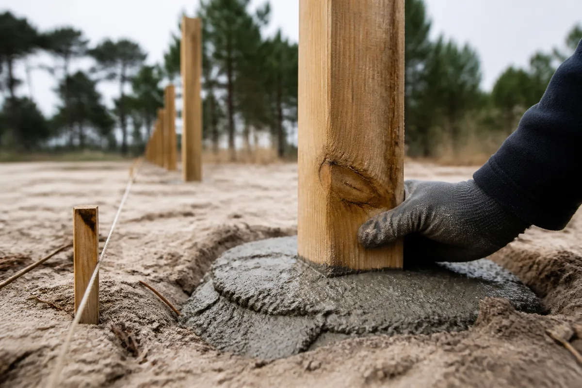 Clôture bois neuve délimitant un terrain de lotissement sableux à Tosse dans les Landes