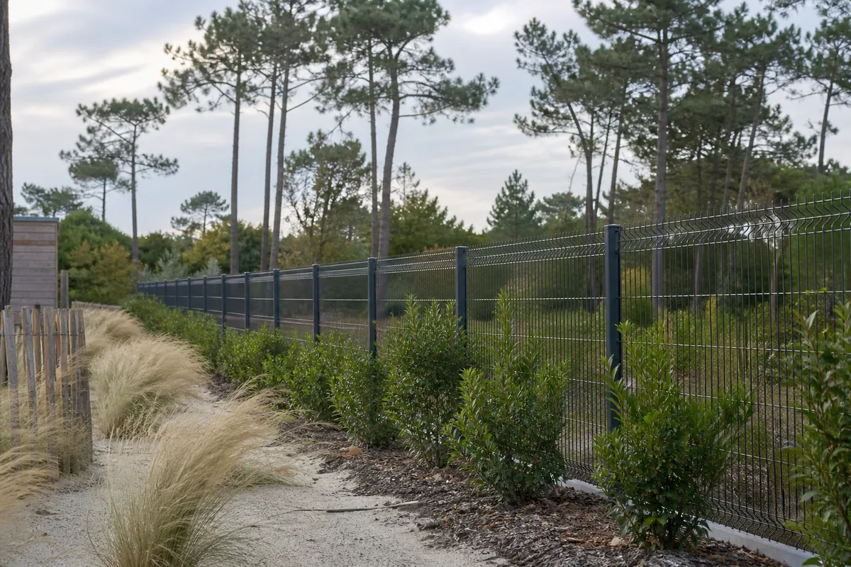 Grillage rigide doublé d&rsquo;une jeune haie persistante le long d&rsquo;un jardin landais