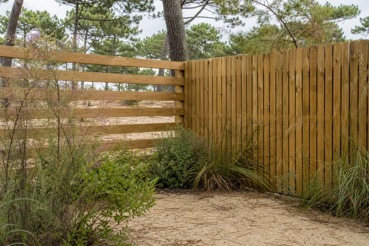 Clôture landaise à lisses horizontales de pin grisé le long d’un jardin sableux sous les pins maritimes