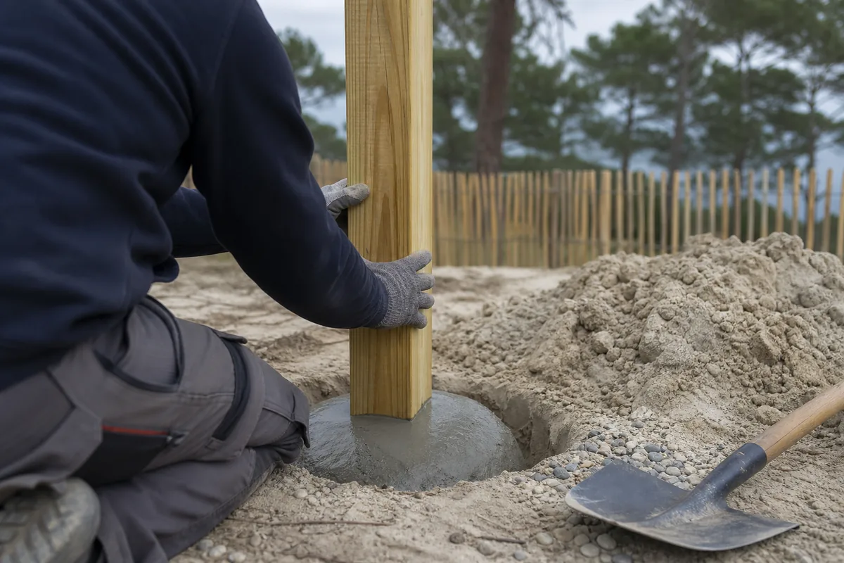 Poteau de clôture en bois scellé dans un plot de béton frais au fond d’une fouille creusée en sable clair