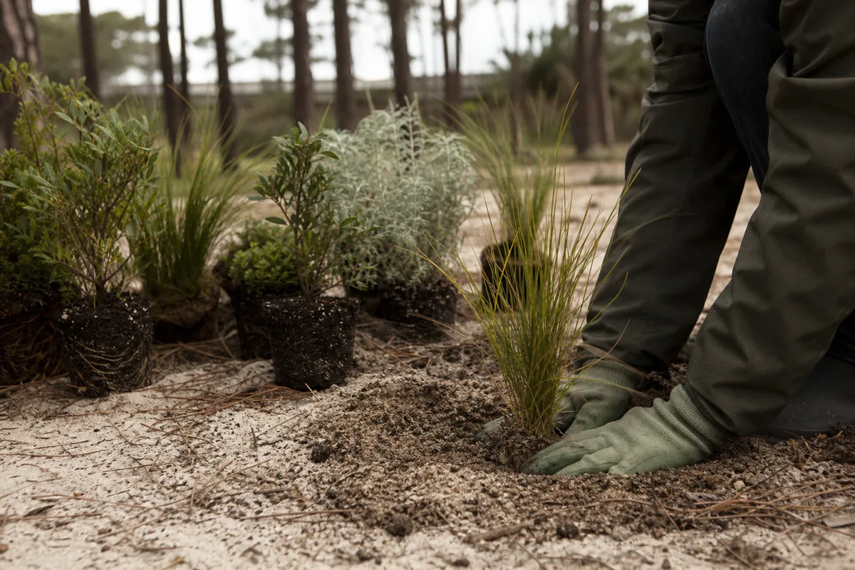 Massif en cours de plantation sur un sol sableux clair, sous les pins maritimes des Landes