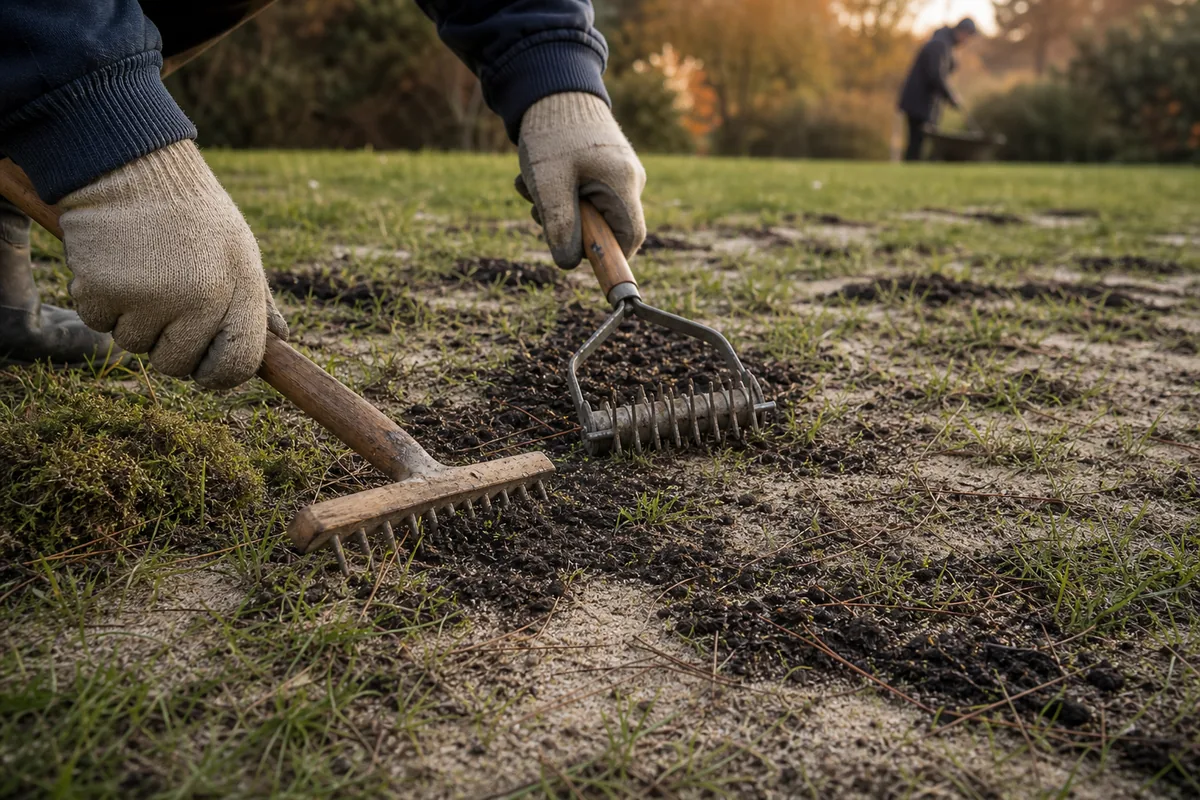 Scarification et regarnissage d&rsquo;un gazon sur sol sableux en automne
