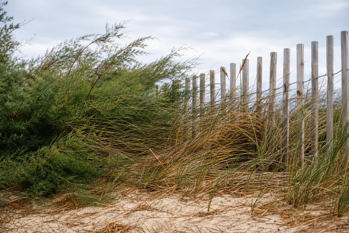 Haie de tamaris couchée par le vent devant une clôture en bois de pin grisé, sable clair au sol