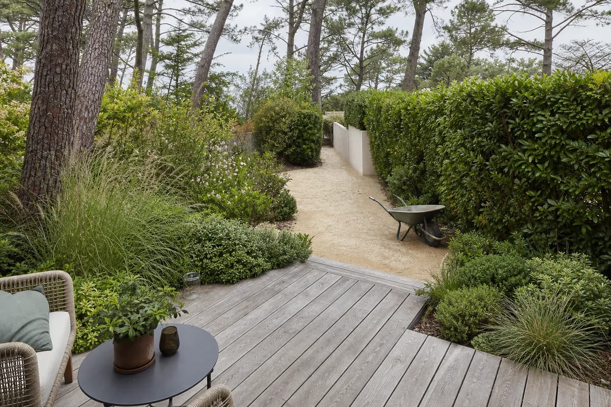 Petite terrasse en lames de pin grisé bordée de graminées, allée de sable stabilisé et portail bois étroit