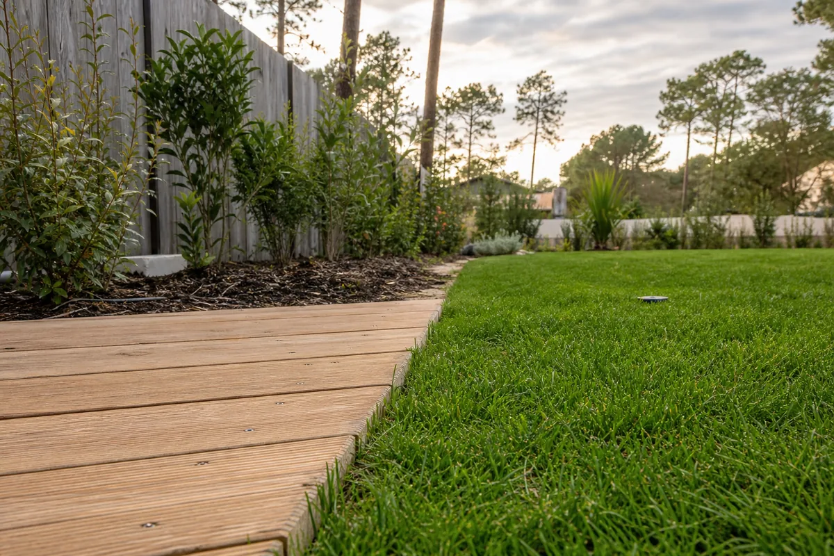 Terrasse en bois de pin et jeune gazon dans un jardin pavillonnaire landais bordé de pins maritimes