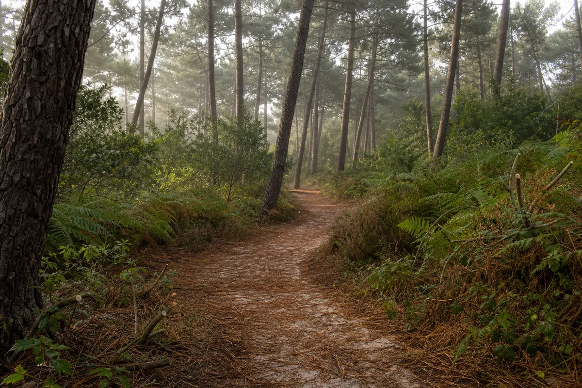 Grande propriété sous pins maritimes à Soustons avec allée sableuse et sous-bois clair