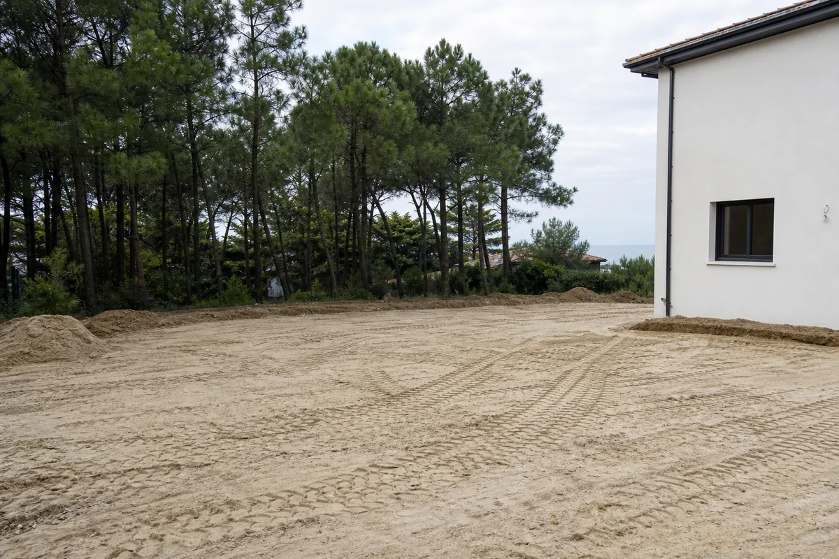 Terrain de maison neuve à Tosse, sable clair nivelé en attente d’aménagement, pins maritimes en fond