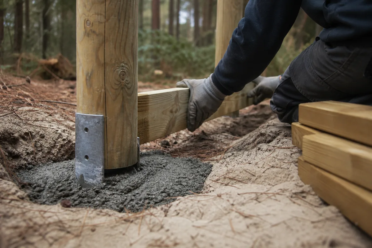 Mur de soutènement en berlinoise, poteaux et madriers de pin, retenant un talus de sable dans un jardin landais