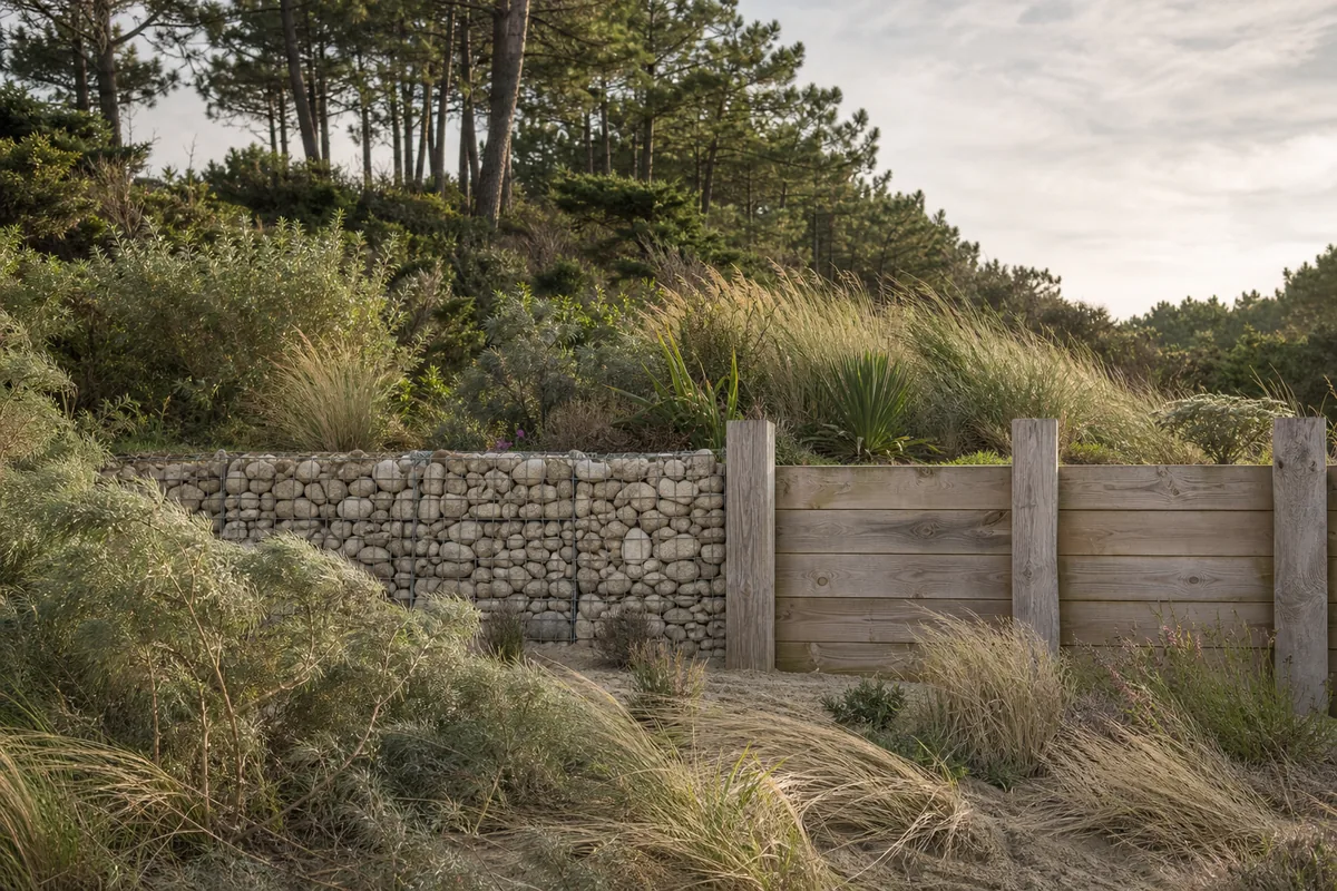 Gabion de galets et paroi de madriers de pin voisins dans un jardin de la côte landaise