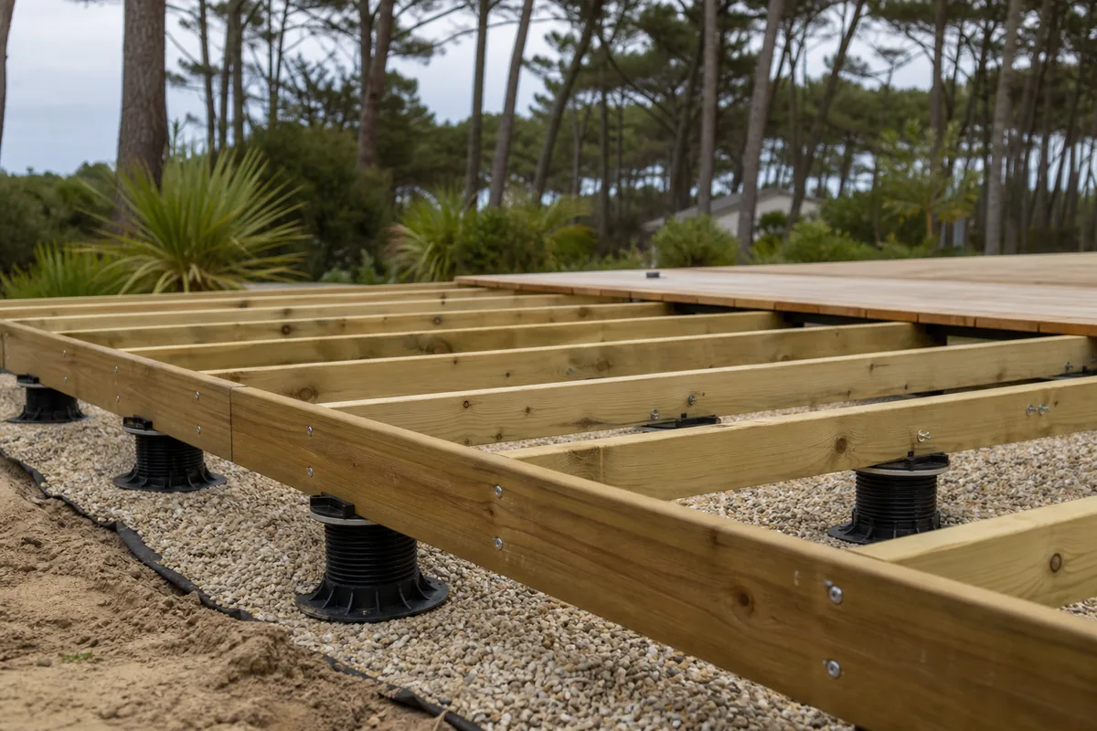 Structure de terrasse bois sur plots réglables et lambourdes ventilées au-dessus d&rsquo;un sol sableux clair